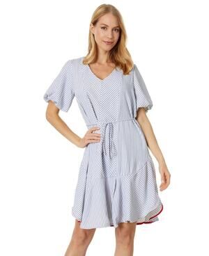 VINCE CAMUTO Women's V-Neck Dress Medium New Ivory Blue Oasis Stripe Belted NWT